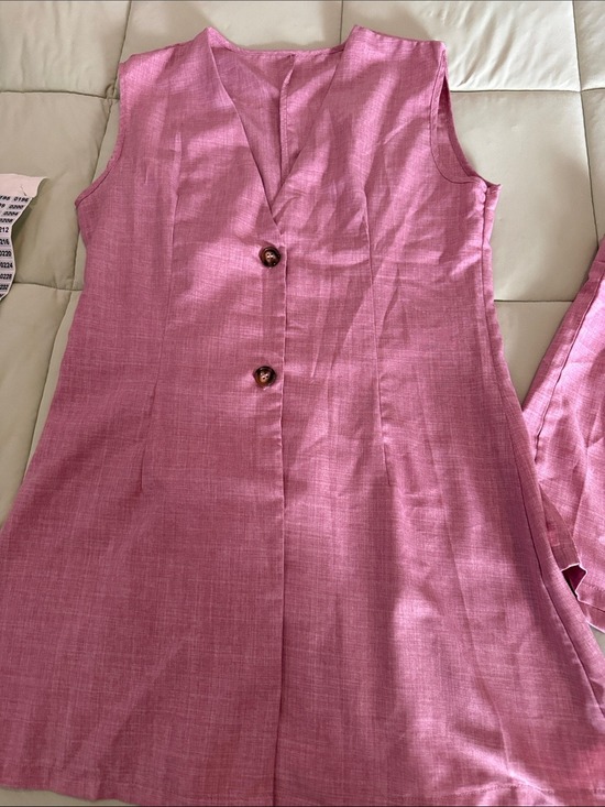 Pants - #0193 - Sleeveless Button Front Tunic & Shorts - Pink